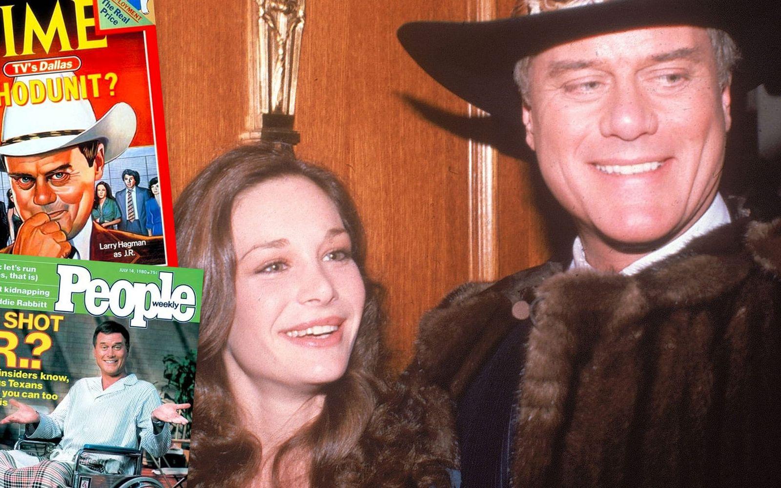 VEM SKÖT JR EWING? Det sista avsnitt av säsong tre av långköraren Dallas slutar med att Jr Ewing blir skjuten av en okänd förövare, och det skulle dröja hela åtta månader innan tv-publiken fick svaret på vem som höll i pistolen. Frågan höll tv-publik och media på halster i månader och blev närmast ett fenomen. Det räknas av många som en av tv-historiens bästa cliffhangers. Foto: TT