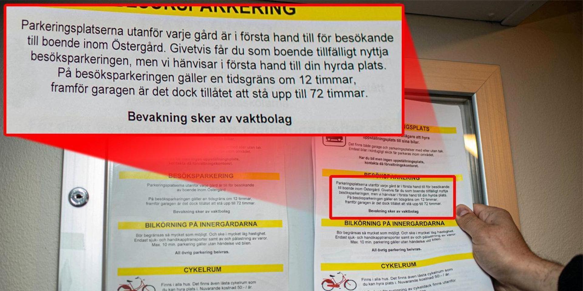 Eldar Sljivo flyttade in i december och visar här skillnaden under stycket besöksparkering i hans papper och på det som sitter i trapphuset. Att det papperet byttes ut var den enda informationen som gick ut enligt honom.