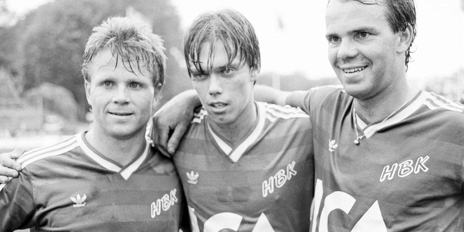 Välkända HBK-profiler. Mats Jingblad, Pelle Olsson och Tommy Frejdh efter 3–1-segern mot Öster 1986.